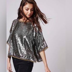 Topshop Women’s Silver Gunmetal Sequin Raw Edge Top